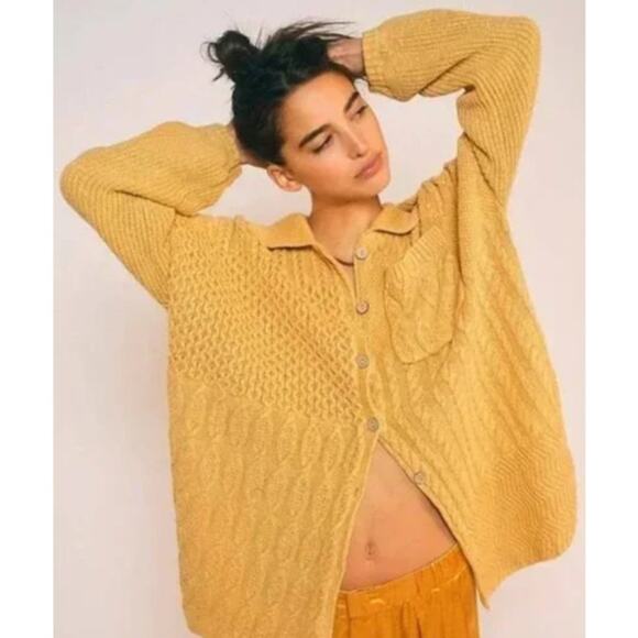 Free People Say Anything Oversized Cable Knit Cardigan Sweater in Yellow Size XS - Picture 2 of 10